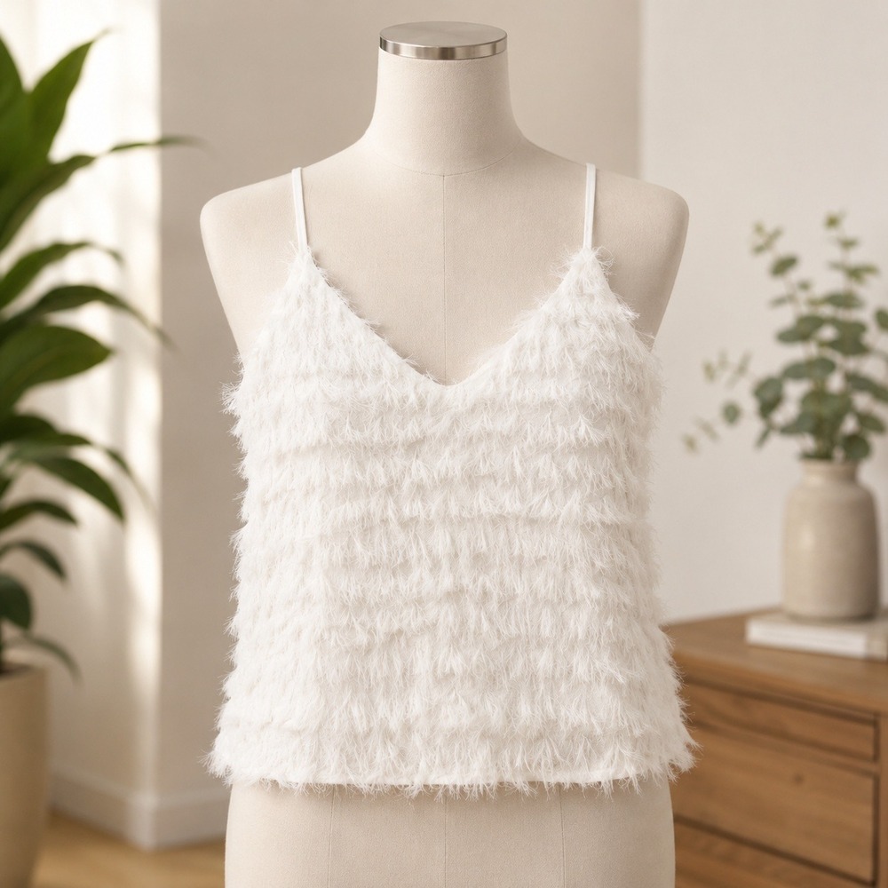 NWT Cupshe Fringed Cami Top  XL‎ White Eyelash Textured V-Neck CAA04A2K001CC